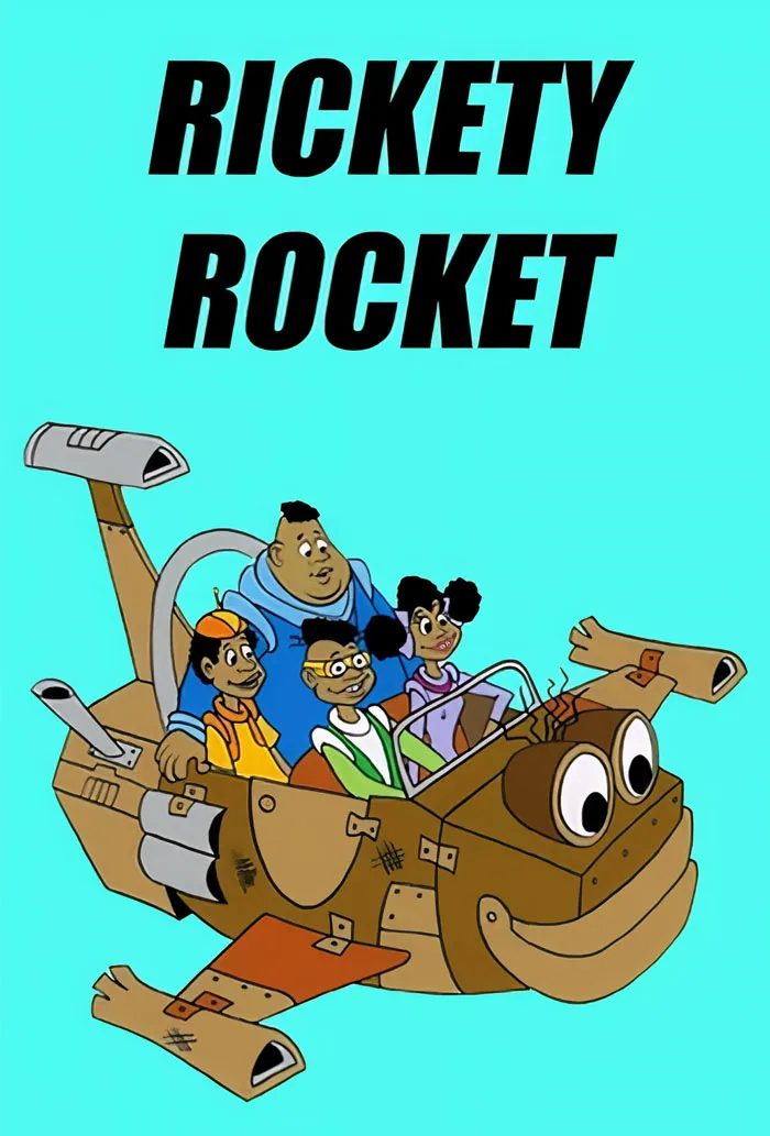 Cartoon characters flying in a quirky rocket.