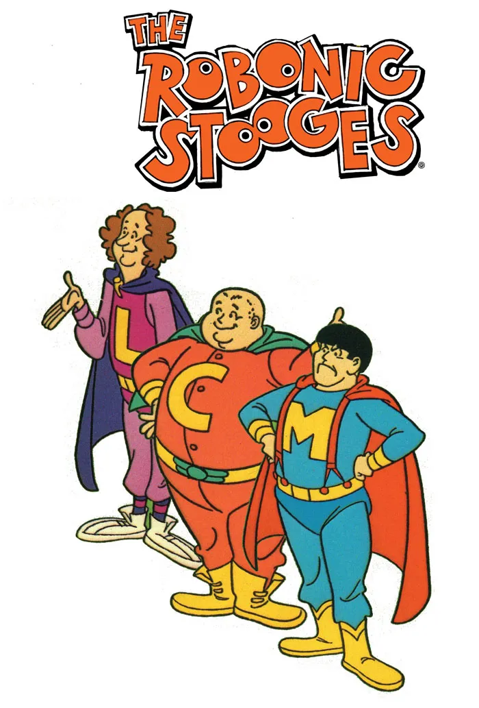 The Robonic Stooges in colorful superhero costumes, representing timeless '70s cartoons.