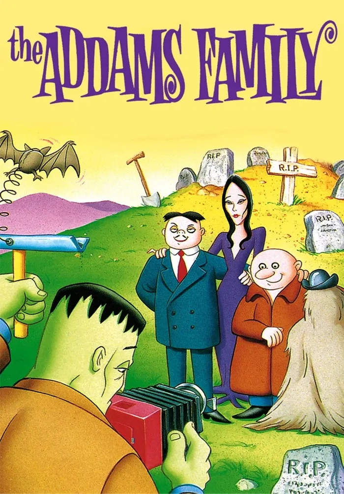 The Addams Family characters in a graveyard setting, showcasing a timeless '70s cartoon vibe.