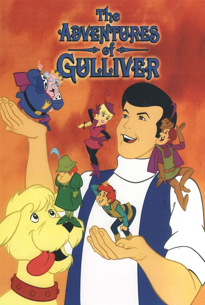 '70s cartoon "The Adventures of Gulliver" with characters in a vibrant illustrated scene.