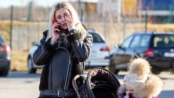A Mother On The Phone, Her Child In A Stroller