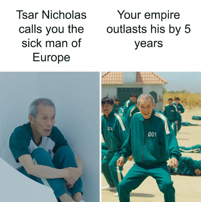 A funny and accurate history meme featuring characters from a popular series with humorous text about Tsar Nicholas and empires.