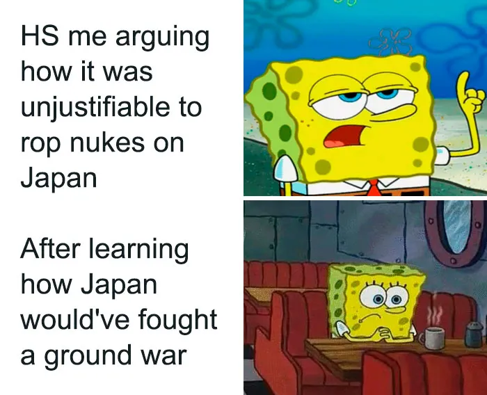 SpongeBob meme showing a character debating the use of nukes on Japan, a popular history meme format.