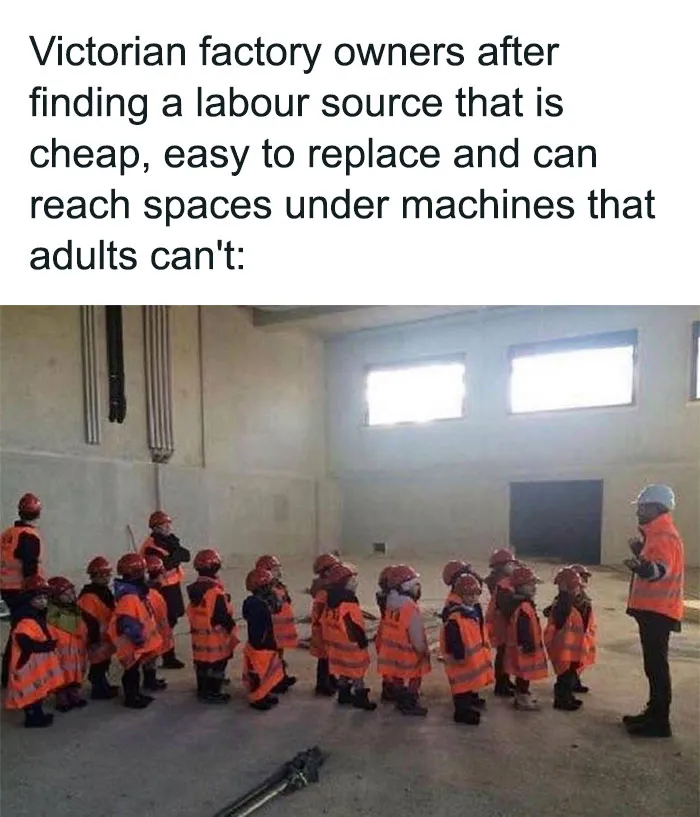Group of children dressed as factory workers with safety vests and helmets, illustrating history memes about labor sources.