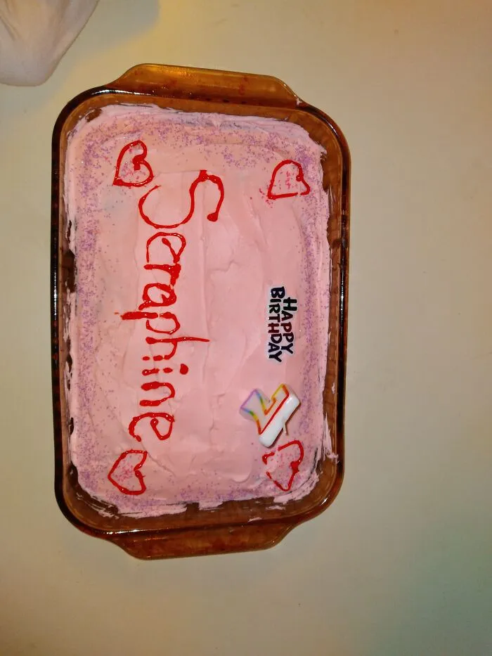 Last Year. Chocolate Cake. With Strawberry  Icing. Wirighting Done By Me. I'm So Sorry Little One.