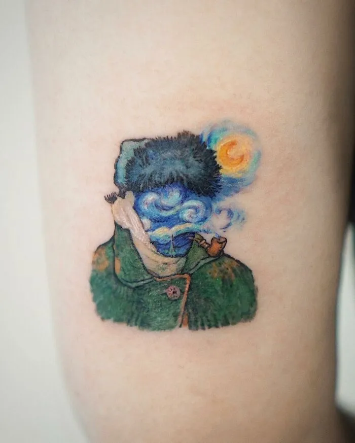 Painting-like tattoo of a man with a pipe, swirling blue sky, and a bright star on skin.
