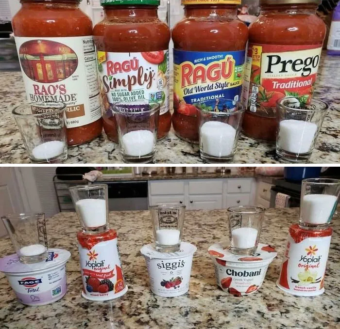 La cantidad de azúcar en la salsa de pasta y en los yogures