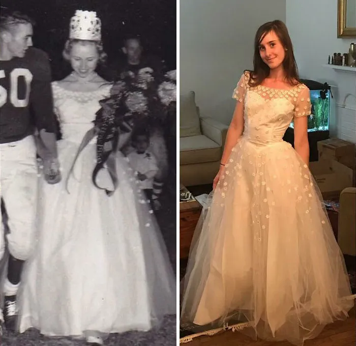 Mi abuela en un partido de fútbol en 1957, y yo con el mismo vestido 60 años después