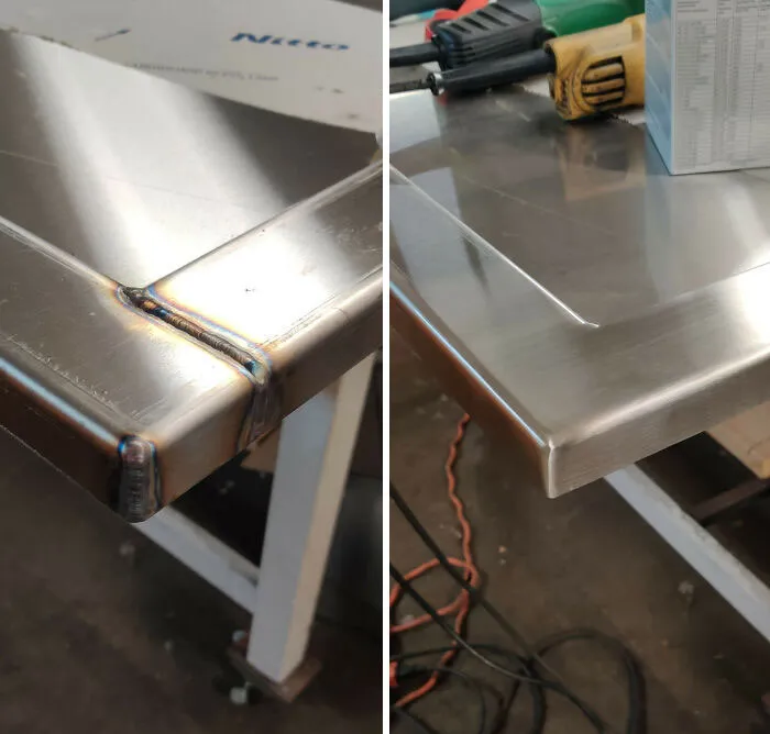 Antes y después de la limpieza de soldaduras en acero inoxidable. A veces el trabajo es satisfactorio