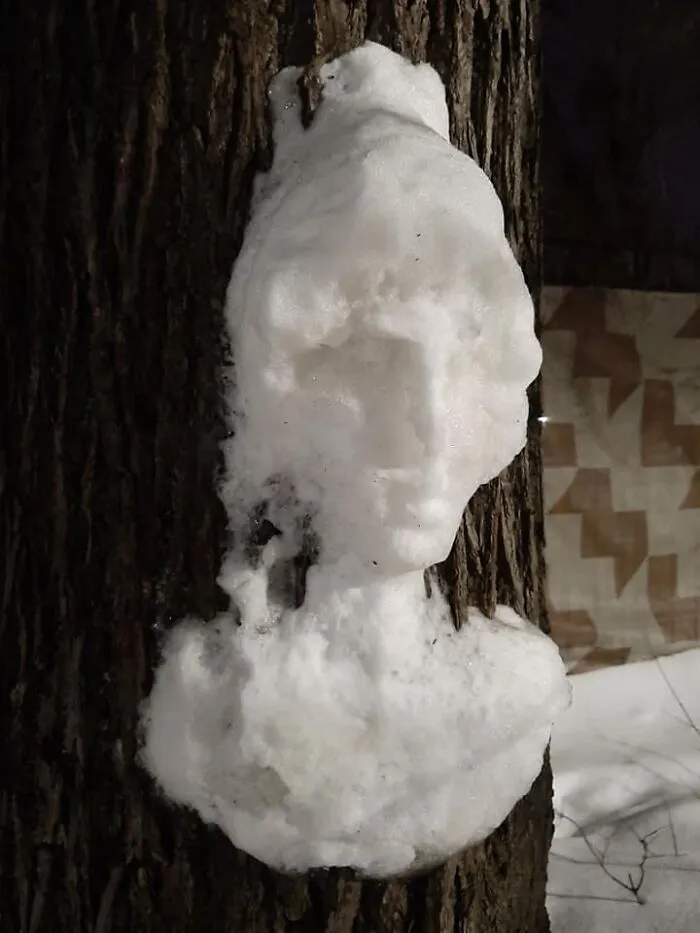 20 Snow Sculptures On Tree Trunks Made By A Russian Chemist Who Just Wanted To Decorate Her Neighborhood