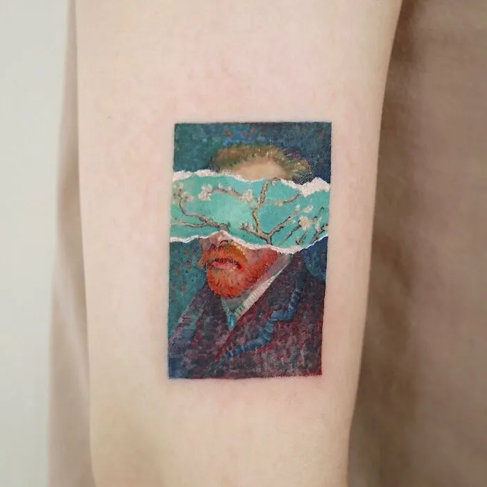 Painting-like tattoo of a person with a floral band across the eyes, blending portrait art with nature elements.