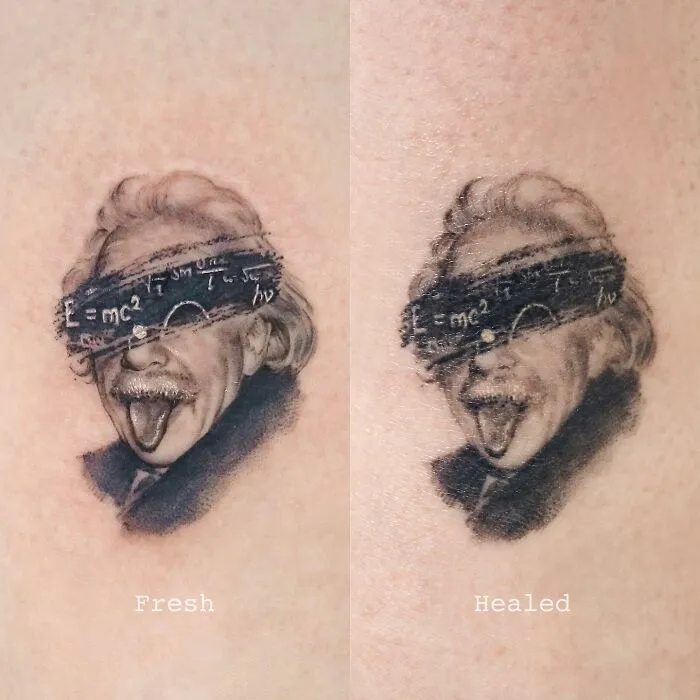 Painting-like tattoo of a famous scientist with equations, shown in fresh and healed stages.