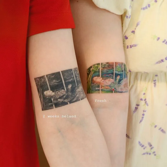 Two arms showcasing painting-like tattoos; the left is healed, the right is fresh.