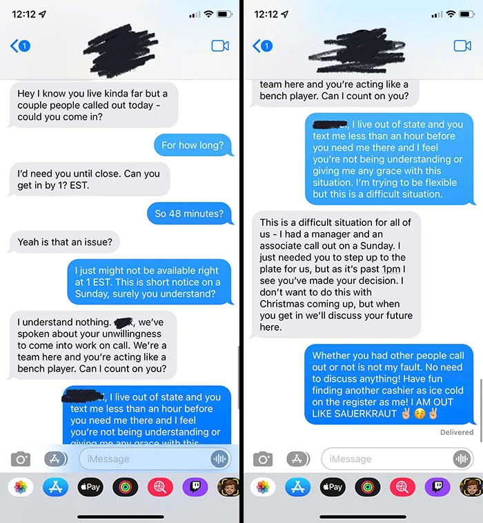 Manager Tried To Get Me To Come In With Less Than An Hour Notice