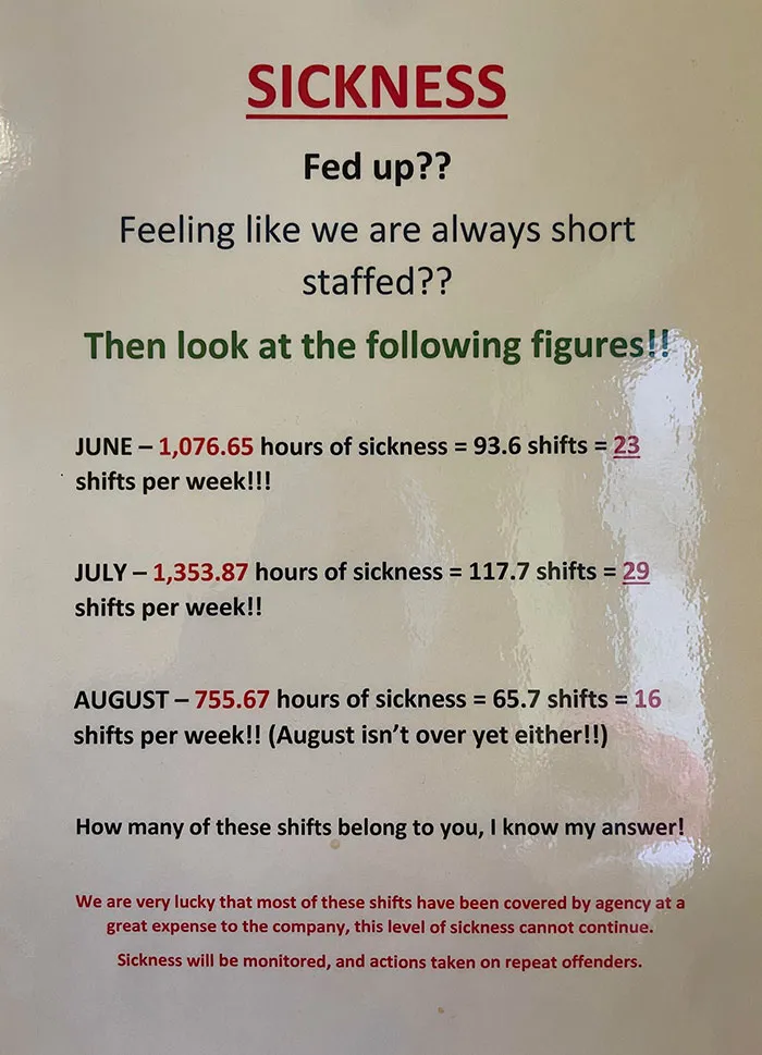Sickness Is Described As An "Offense". I Know This Is Tame Compared To A Lot Of The Stuff On Here, But The Passive-Aggressiveness Of My Manager Is Off The Scale