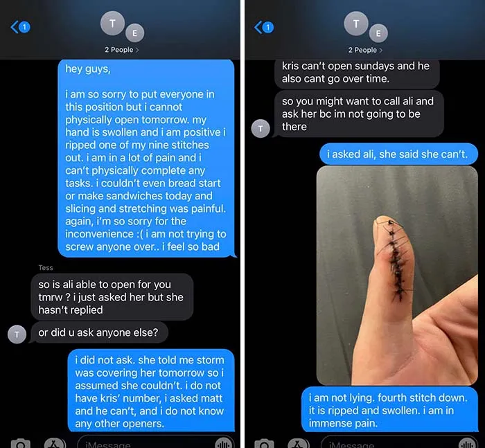 Texted Area Manager & General Manager I Could Not Open On My Last Day Due To Injury