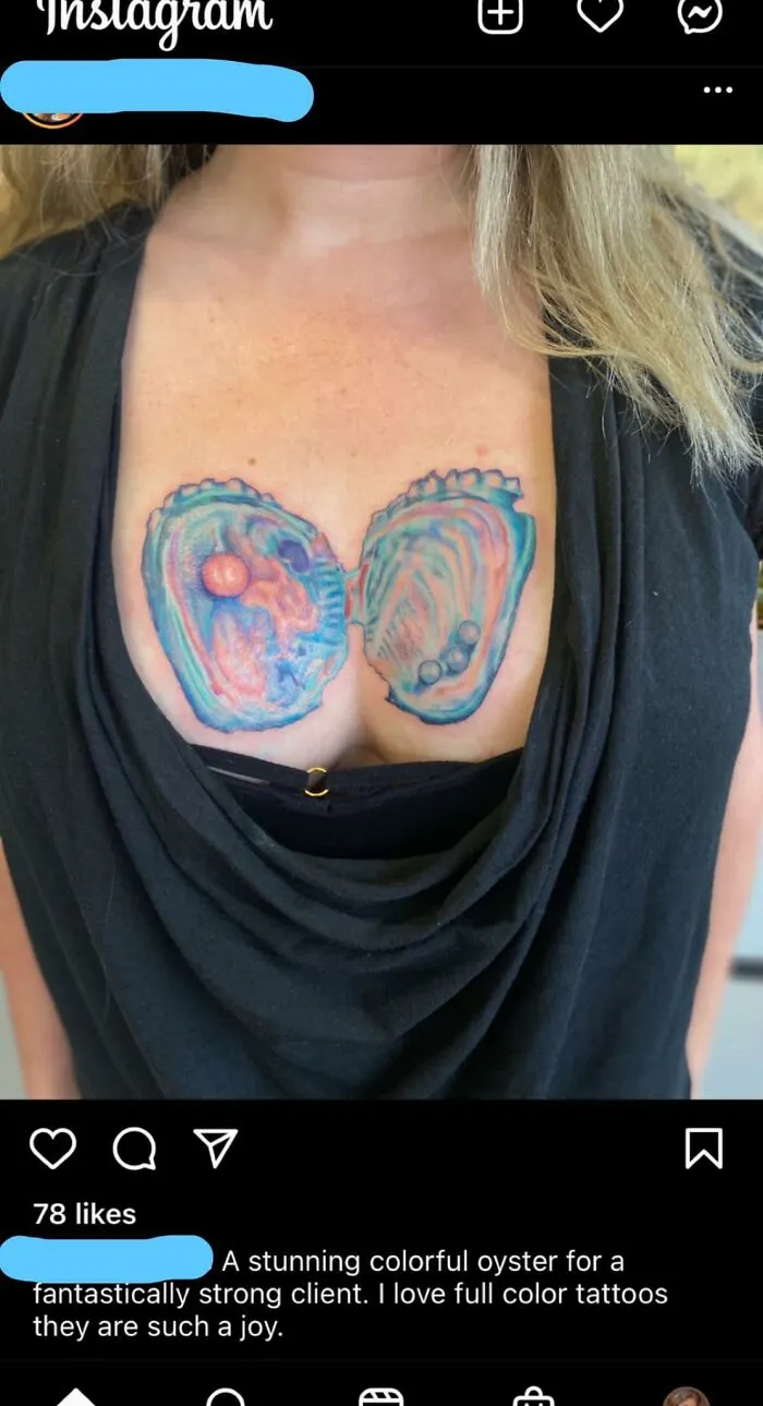 Colorful oyster tattoo on chest, focusing on detailed, vibrant ink shading and creative design elements.