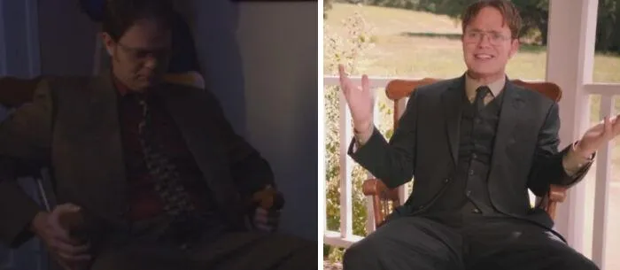 The Office Season 3 - Dwight Admires A Chair At David Wallace's House And Wants To Get One For Himself. In Season 9, He Has The Chair