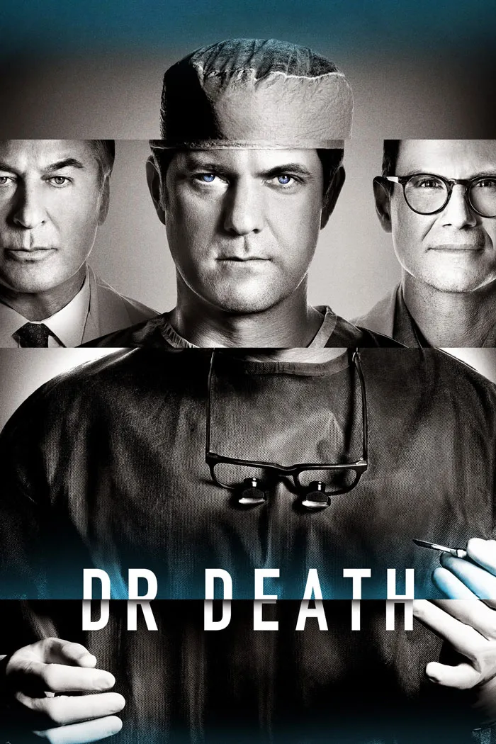 "TV show about doctors featuring three men in surgical attire, including a central figure holding medical instruments."