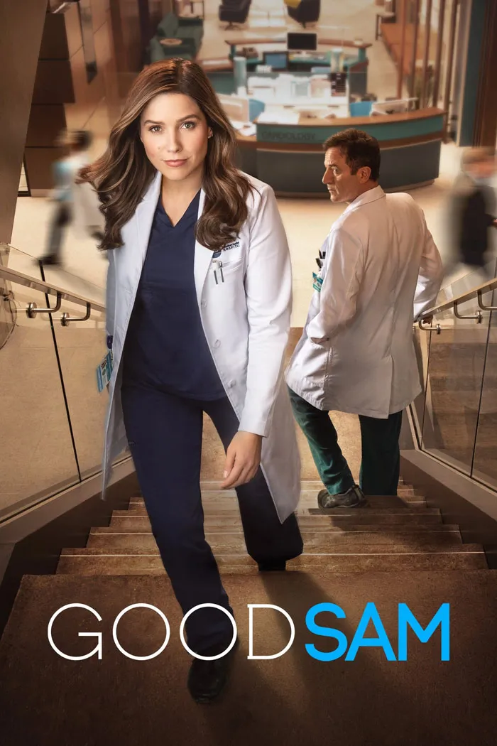 Medical workers in a hospital setting, featuring a doctor in scrubs ascending stairs, promoting a TV show.