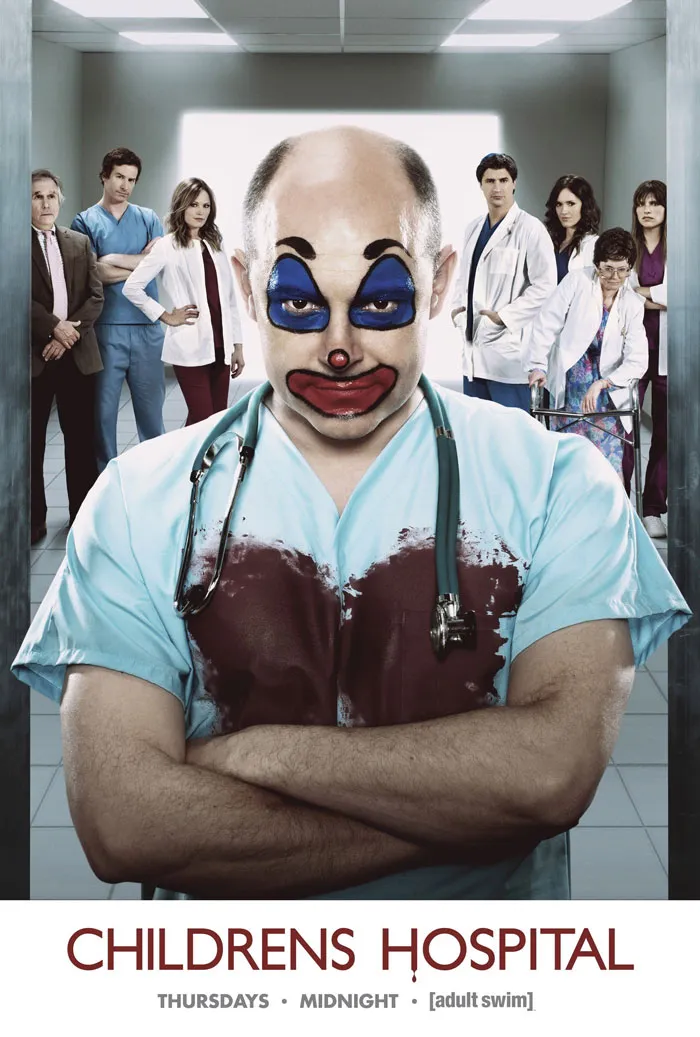 Medical show parody with doctors in a hospital setting, featuring a clown-faced doctor wearing scrubs and a stethoscope.