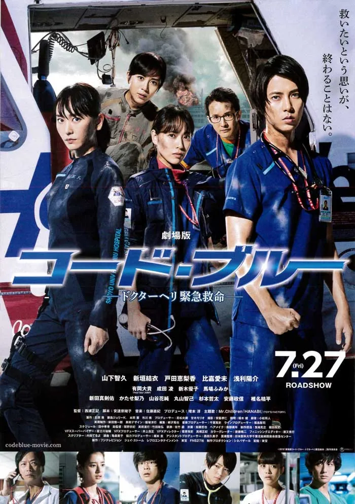 Doctors and medical workers in blue scrubs stand in front of a helicopter, portraying a dramatic scene from a TV show.