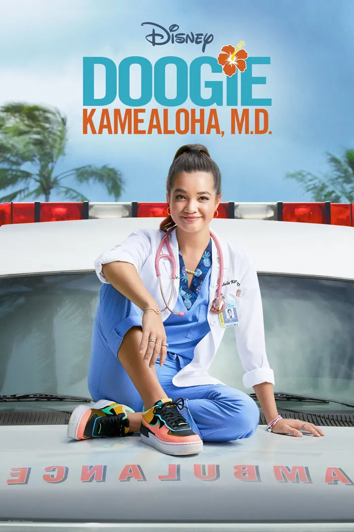 Young doctor in scrubs sitting on an ambulance, promoting TV show about medical workers.