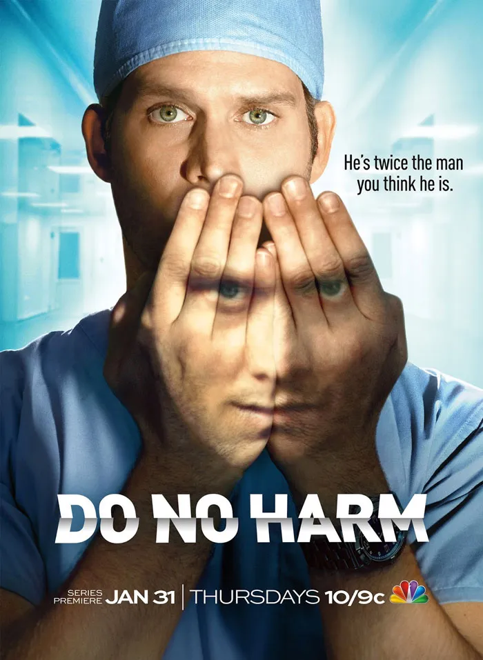 Doctor with hands over face, reflecting a dual personality theme in medical drama.