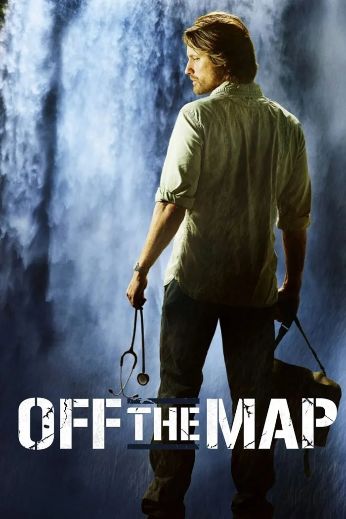 Doctor standing by a waterfall, holding a stethoscope with "Off the Map" text.