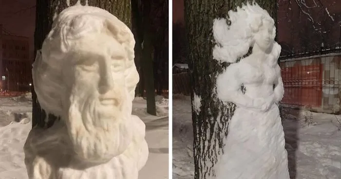 20 Snow Sculptures On Tree Trunks Made By A Russian Chemist Who Just Wanted To Decorate Her Neighborhood