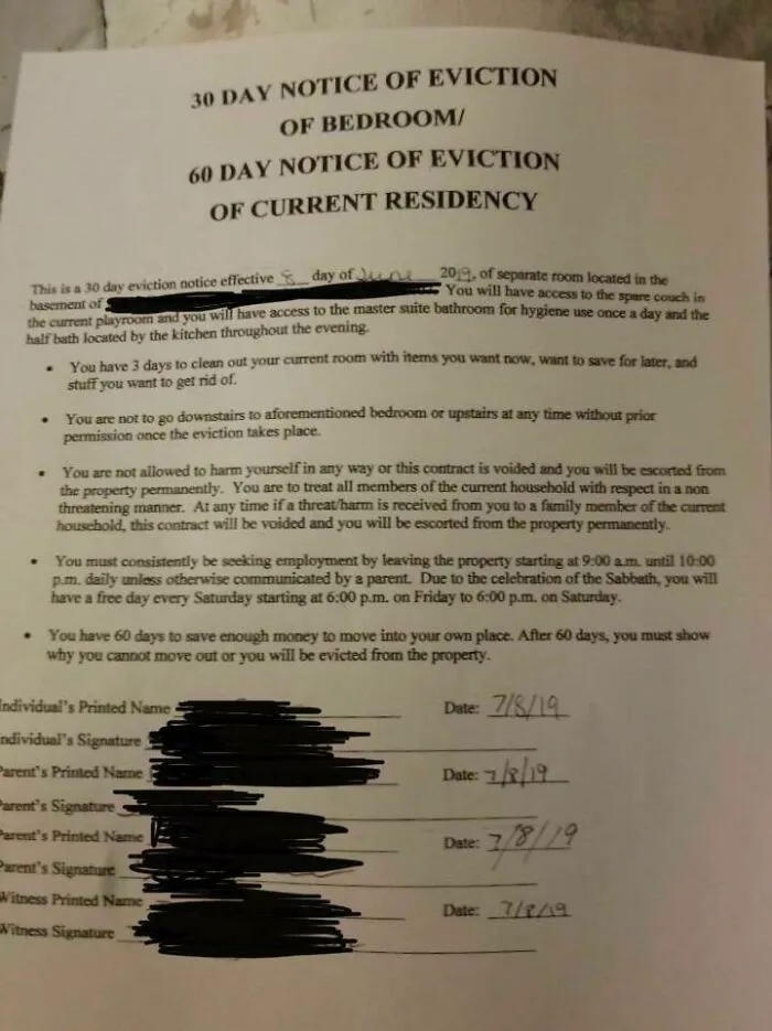 My Parents Took In Their Neighbor’s 18 Y/O Kid (Still In 11th Grade) Who Was Getting Kicked Out Because His Step-Dad Didn’t Want Another Male Adult In The House. This Is The Contract His Parents Made Him Sign. The ‘Witness’ Is His Sister Who’s Still A Minor