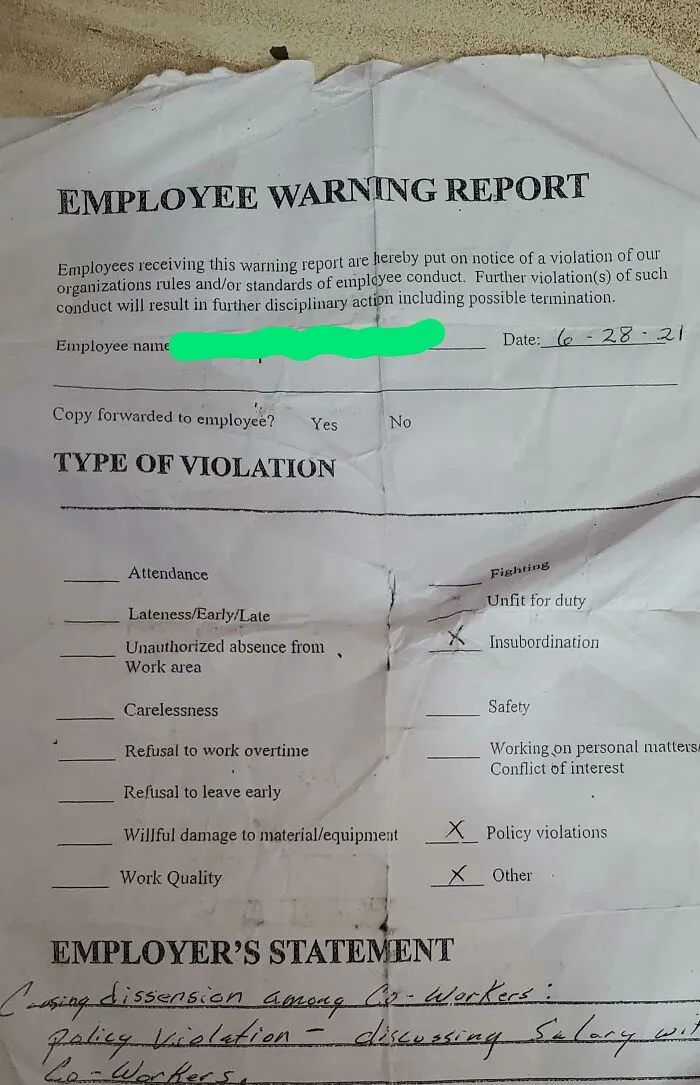Throwback To June Of This Year When My Employer Wrote Me Up For Discussing Pay With Coworkers! (Which I Didn't Even Do Btw)