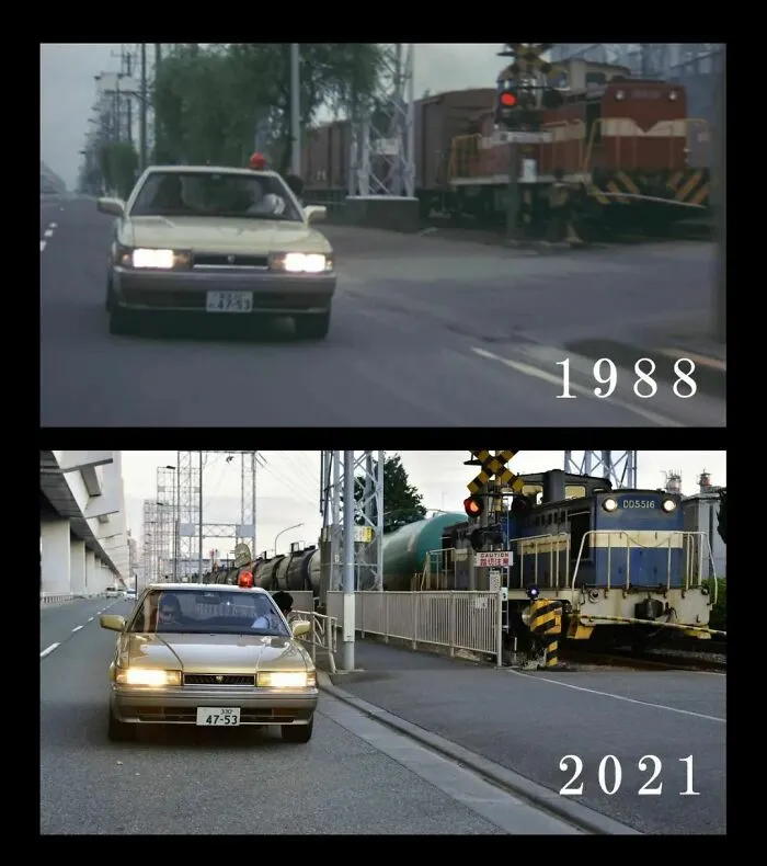 El mismo coche de 1988 frente al de 2021, en algún lugar de Japón