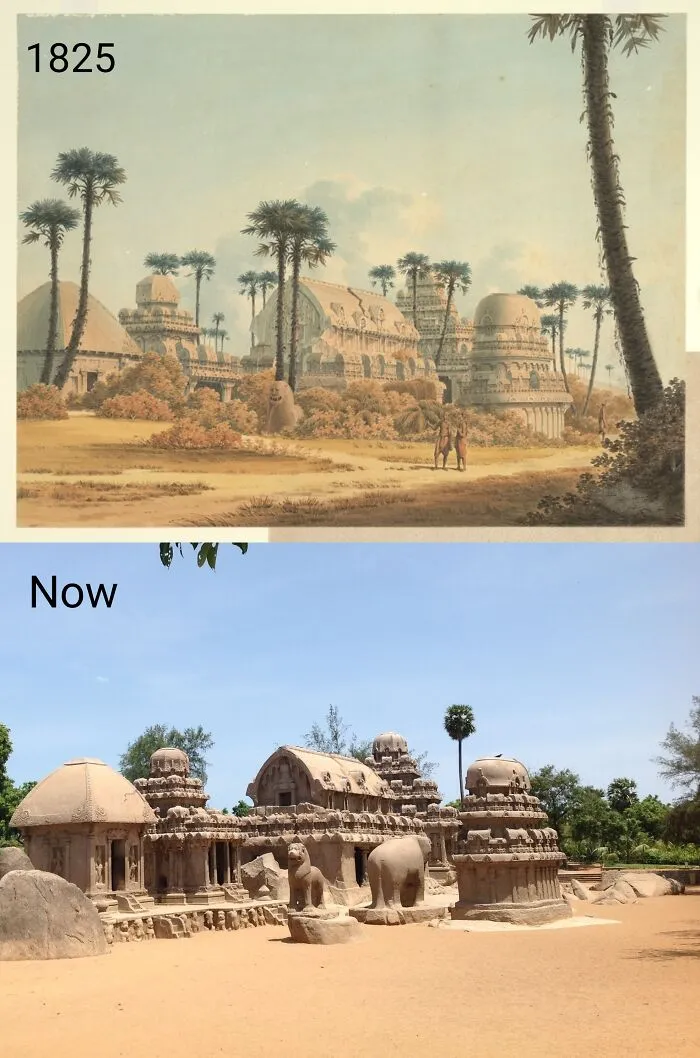 Monumento a Panch Ratha, Mahabalipuram, India. Templos monolíticos esculpidos en rocas de granito entre los años 630 y 668 de nuestra era. 1825 Boceto de J. Braddock J. Gantz y ahora. Es Patrimonio de la Humanidad de la Unesco