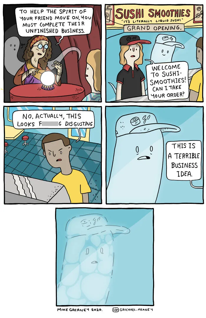 A Mike Greaney comic strip where a man finds sushi smoothies disgusting, revealing an unexpected ending.