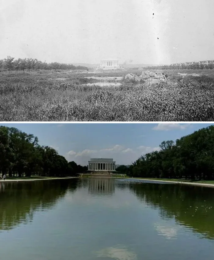 El Memorial de Lincoln en 1920, antes de que se construyera la piscina reflectante