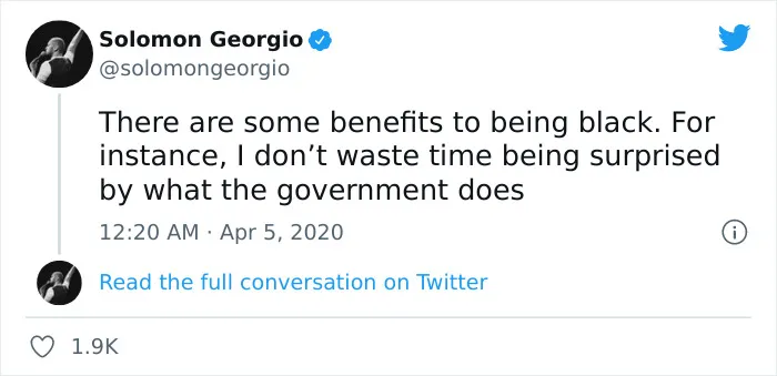 Tweet with dark humor about government actions and being less surprised, aimed at lightening up your day.