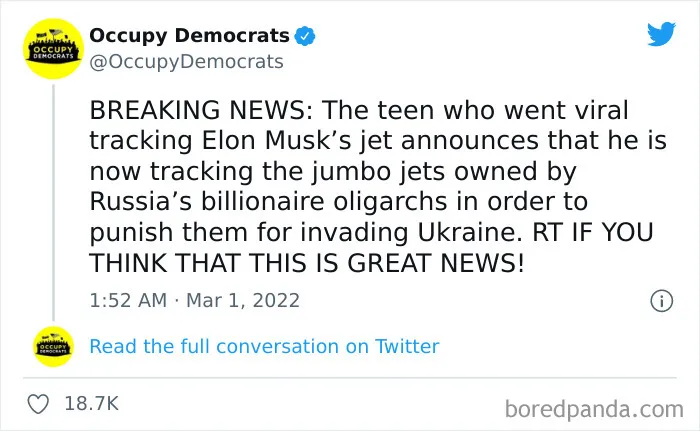 Elon Musk’s Jet Announces That He Is Now Tracking The Jumbo Jets Owned By Russia’s Billionaire Oligarchs