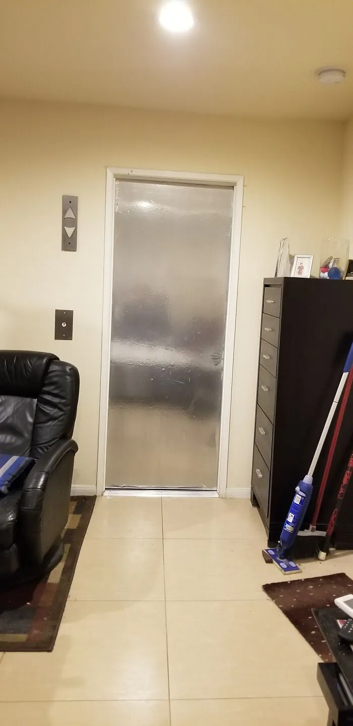 Bathroom Door.  Got Tired Of Entering A Room And Immediately Seeing Right Into Bathroom. So I Decorated Door To Resemble An Elevator.