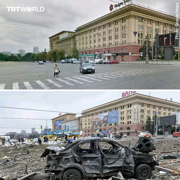 "Antes y después": 20 Imágenes devastadoras de Ucrania mostrando la veloz destrucción de la guerra
