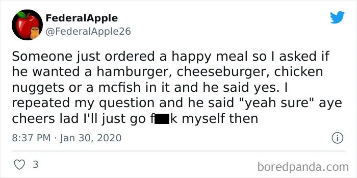 "I'd Like A Meal" "Medium Or Large" "Yes" Thanks Lad. (It's My Tweet Btw Thought It Was Easier To Just Post The Tweet"