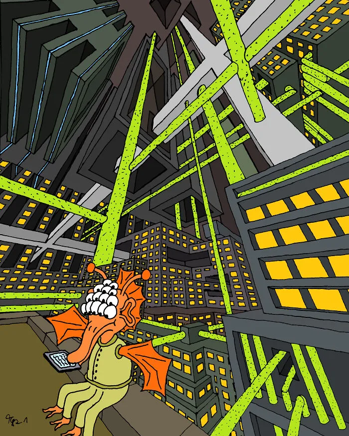 Scifi Drawing With Three Vanishing Points.