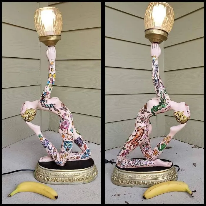 Encontré esta lámpara en Facebook Marketplace y estaba en malas condiciones, la repinté y ahora amo mi lámpara tatuada