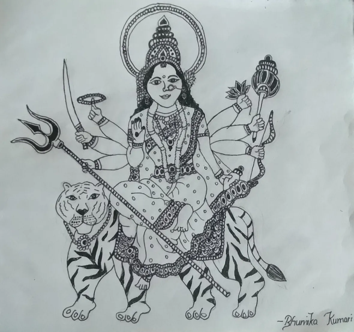 Maa Sherawali Drawing With Pen