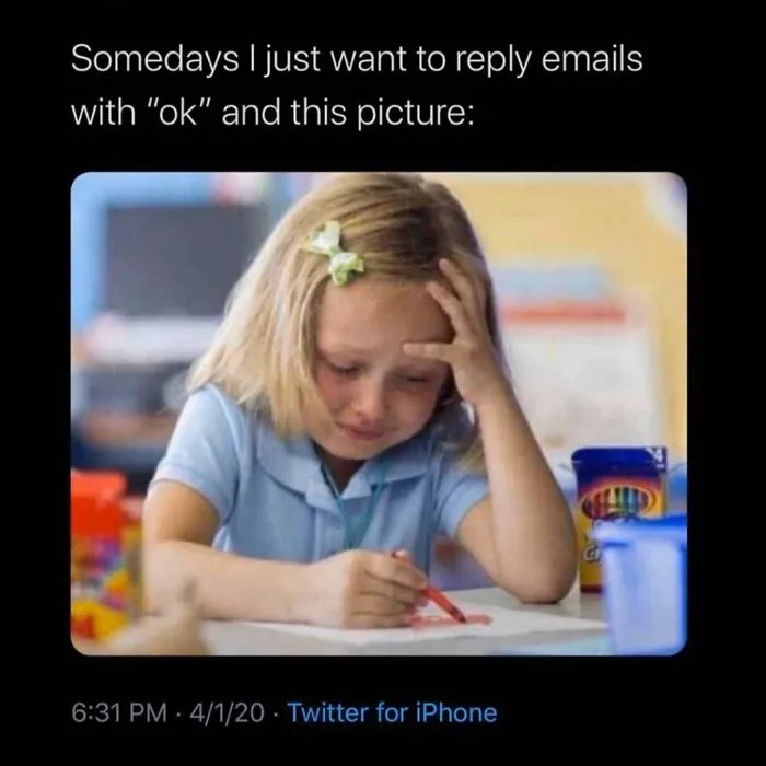 Crying girl drawing with a red crayon, illustrating a dark humor meme about replying to emails.