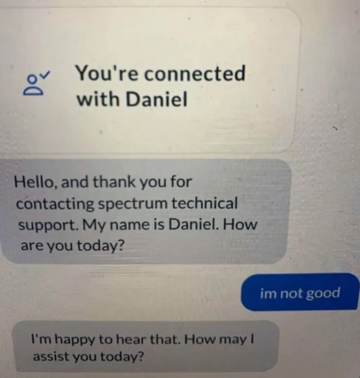Chat screenshot with a humorous response from technical support agent Daniel.
