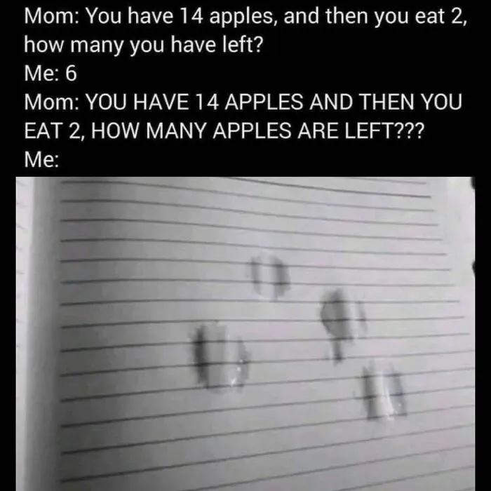 Funny dark humor meme with a math problem about apples, showing tears on a notebook page.