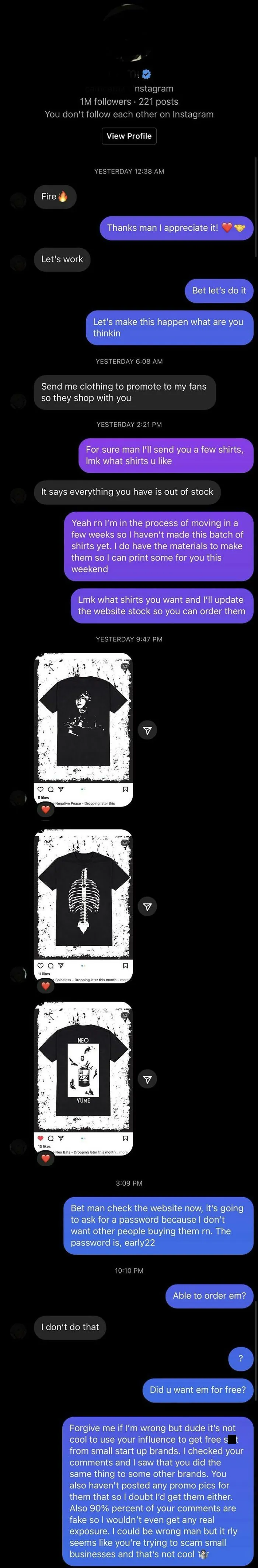 Large “Influencer” Wants Free Clothing From My Small Brand
