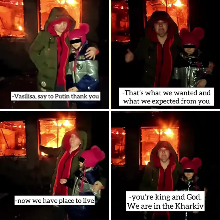 Ukrainian Woman And Her Daughter Standing In Front Of Their Burning House And Saying "Thank You" To Putin. Kharkiv, Ukraine