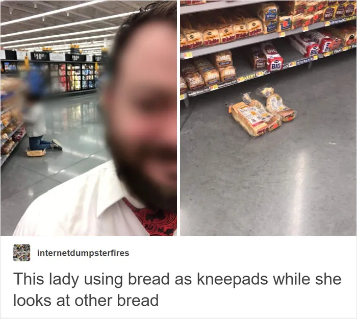 Man kneeling on three bread packs in the store 